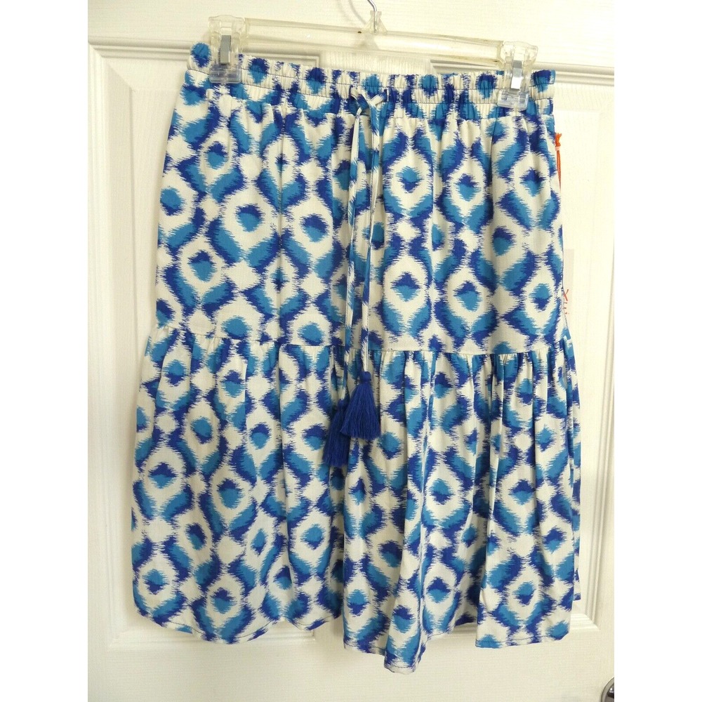 Knox Rose XS Pull-On Skirt Tiered Lined Rayon Tassels Blue Geometric Knee Length